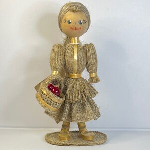 Vintage (1997) Belarusian Russian Folk Art Flax Girl Doll Holding Berry Basket